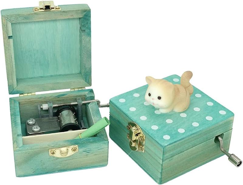 Gift Wrapped Mini Wooden Hand Crank Music Box with Lovely Cat (Tune: Castle in The Sky) (Brownish Yellow)