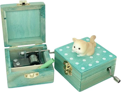 Gift Wrapped Mini Wooden Hand Crank Music Box with Lovely Cat (Tune: Castle in The Sky) (Brownish Yellow)