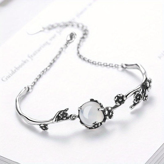 6g/0.212oz S925 Silvery Moon Shadow Cold Plum Bracelet - Fashionable Antique Silver Plated with Elegant Moonlight White Holy Grail Accent, Personalized High Coolness Jewelry for Women