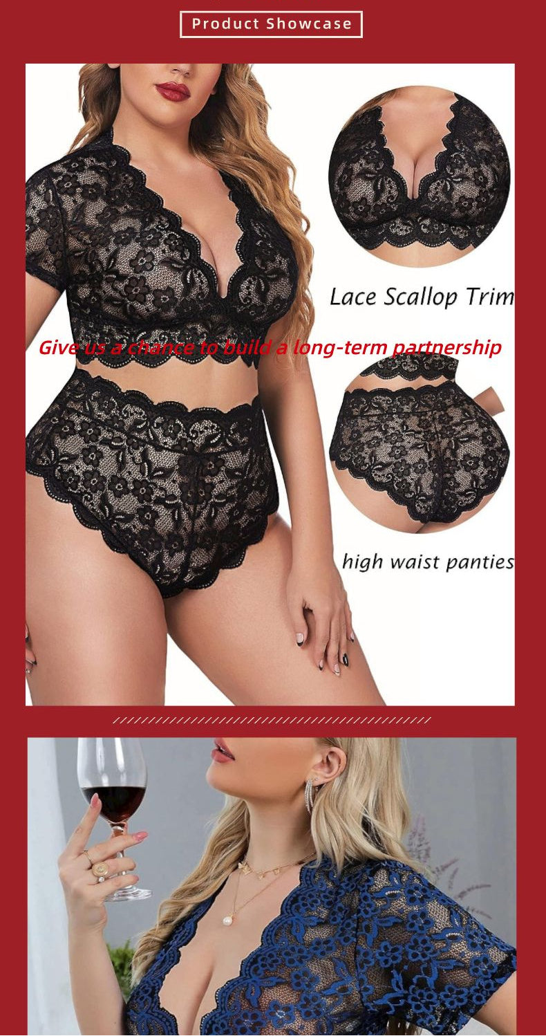 New Arrival Plus Size Sexy Lace Nightwear Set - Ruffle Wave Design, Perfect for a Romantic Night at Home