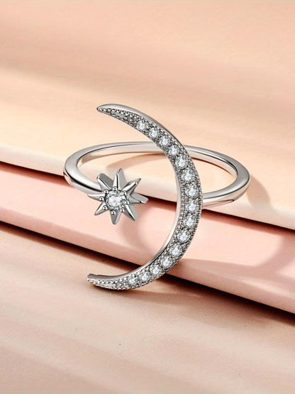 Women's Elegant Rhinestone Decorated Moon & Star Design Ring, Exquisite Trendy Ring for Daily Use, Fashionable Jewelry for Women As Gift for Fall 2024