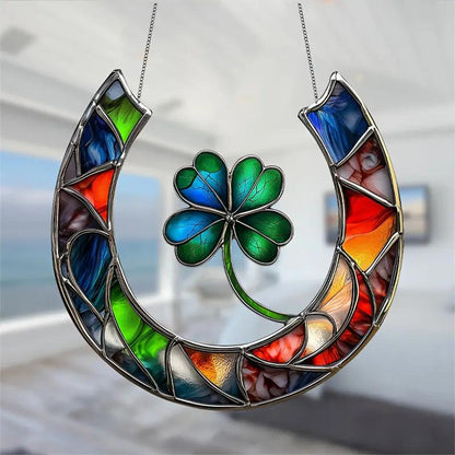 Lucky Horseshoe and Four-Leaf Clover Acrylic Sun Catcher-9.1 Inches X 8.7 Inches Loungewear