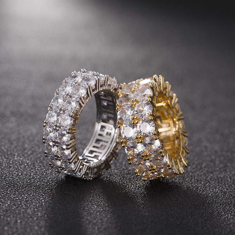 Hip Hop Micro Inlaid Zircon Gold Men's Couple Rings Double Row Zircon Rings