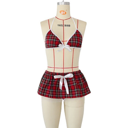 Sexy Plaid Three-Piece Set with Off-Shoulder Strap Design |   Women's Lingerie |   Trendy Nightwear