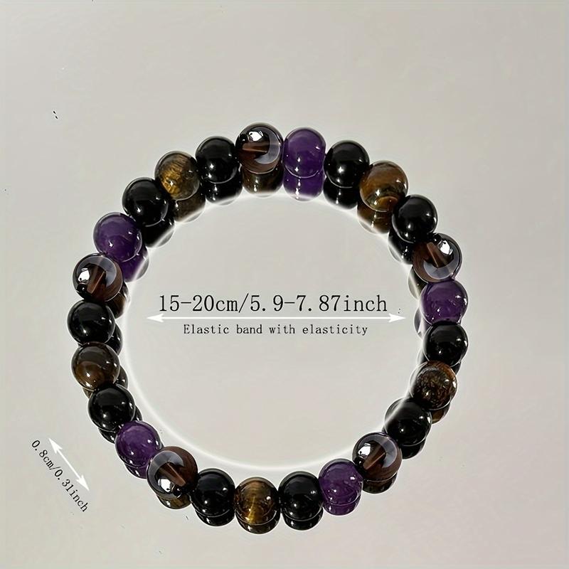 Natural Tiger Eye & Amethyst Beaded Bracelet - Stylish Elastic Gemstone Jewelry for Men and Women, Perfect Gift