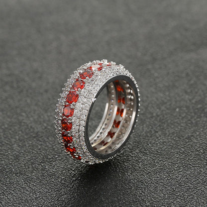 Hip-Hop Ring Micro-Inlaid Personality Red Five-Row Full Zircon Men's Ring Accessory