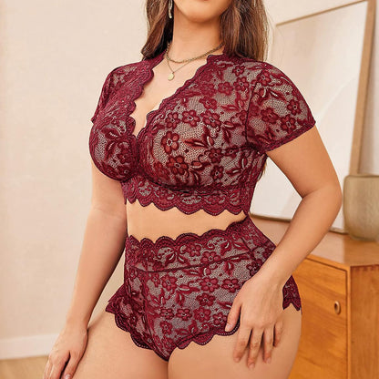 New Arrival Plus Size Sexy Lace Nightwear Set - Ruffle Wave Design, Perfect for a Romantic Night at Home