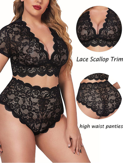 New Arrival Plus Size Sexy Lace Nightwear Set - Ruffle Wave Design, Perfect for a Romantic Night at Home