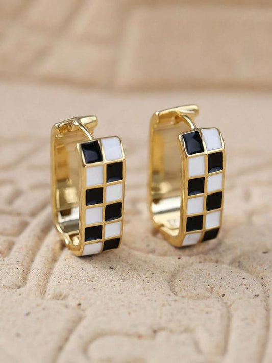 Checkerboard Pattern Hoop Earrings, Casual Enamel Drip Earring Clip for Women for Party, Daily Decor, Trendy All-match Luxury Jewelry for Gift, Fall Outfits, Fall Freshness