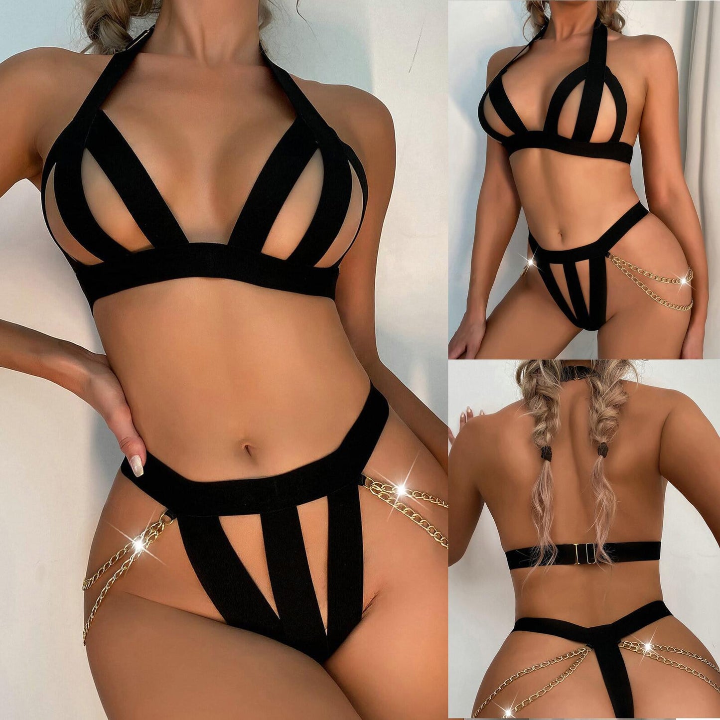 Sexy Strappy Cut-Out Lingerie Set with Chain Details - 3 Piece No-Removal Bikini for Women, Perfect for Valentine's Day