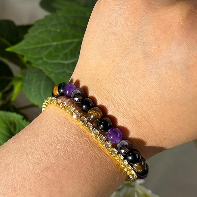 Natural Tiger Eye & Amethyst Beaded Bracelet - Stylish Elastic Gemstone Jewelry for Men and Women, Perfect Gift