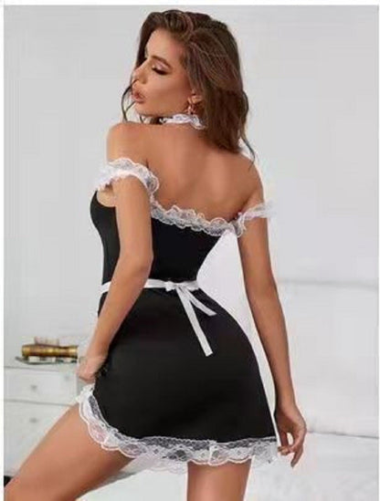 Sexy One-Shoulder French Maid Role Play Lingerie Set - Seductive Costume for Women - Perfect for Adults & Couples - Trendy Design for Special Occasions