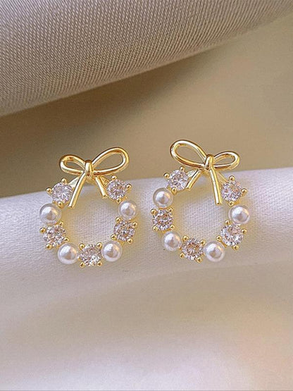 Faux Pearl & Rhinestone Decorated Bow Design Stud Earrings (1 Pair), Elegant Cute Jewelry for Party, Daily Clothing Decor for Girl, Trendy All-match & Exquisite Jewelry for Birthday Gift