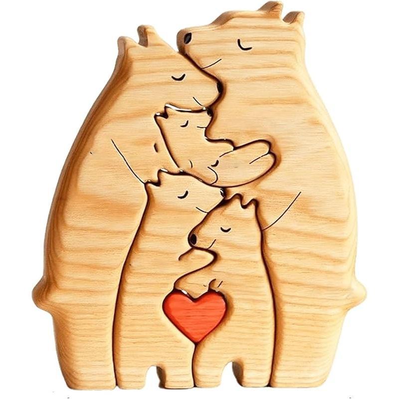 Personalised Wooden Figurines Animal Family Puzzle,Creative Wooden Bear Love Sculptures Ornament for Home Desk Decoration