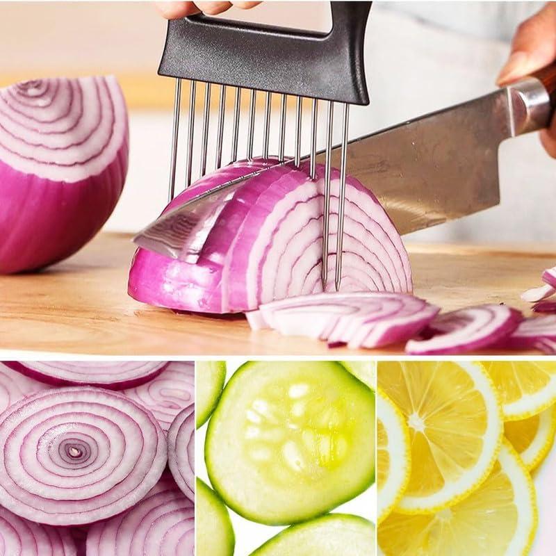 Upgraded Onion Holder for Slicing, New Stainless Steel Onion Slice Holder Lemon Slicer Vegetable Cutter, Kitchen Chopper Slicing Assistant Tool for Meat, Onion, Potato, Tomato (1 Pack)