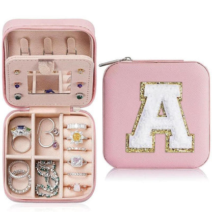 Portable Jewelry Box with Mirror for Gift, Summer Stylish Sequin Decorated Letter Pattern Jewelry Organizer Waterproof Velvet