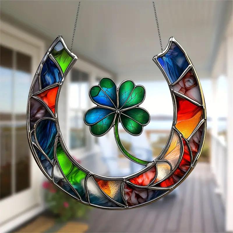 Lucky Horseshoe and Four-Leaf Clover Acrylic Sun Catcher-9.1 Inches X 8.7 Inches Loungewear