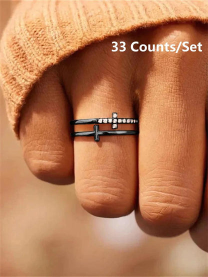 Rhinestone Decor Cross Design Double Layered Ring, Fall Fashion Jewelry Accessories for Women & Girls, Matching Jewelry