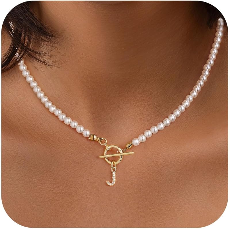 Initial Pearl Necklaces for Women - Choker Necklace, Dainty Freshwater Pearl Necklace | Bridesmaid Gifts | Fashion Pearl Jewelry for Women Girls