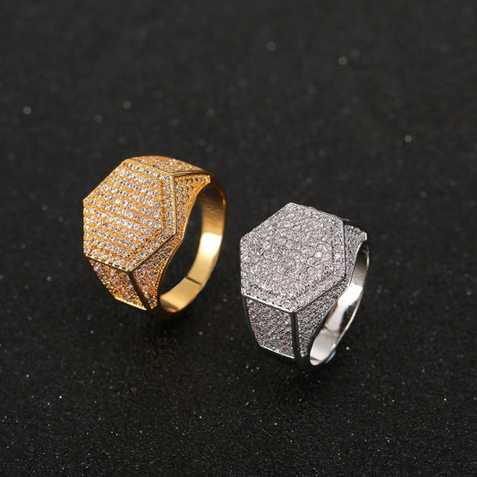 Men's Hexagonal Ring Hip Hop Diamond-Studded Ring Men and Women's Jewelry