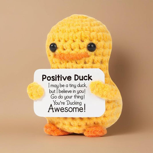 Cute Knitted Duck with Positive Card, Handmade Emotional Support Crochet Doll for Gift, DIY Knitting Supplies for Home Office Decor