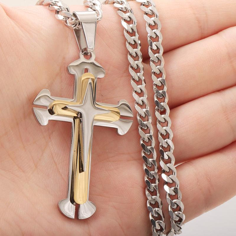 Cross Pendant Necklace for Men Women Stainless Steel Curb Cuban Link Chain Black Gold Color Silver Color Gift Jewelry