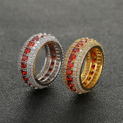 Hip-Hop Ring Micro-Inlaid Personality Red Five-Row Full Zircon Men's Ring Accessory