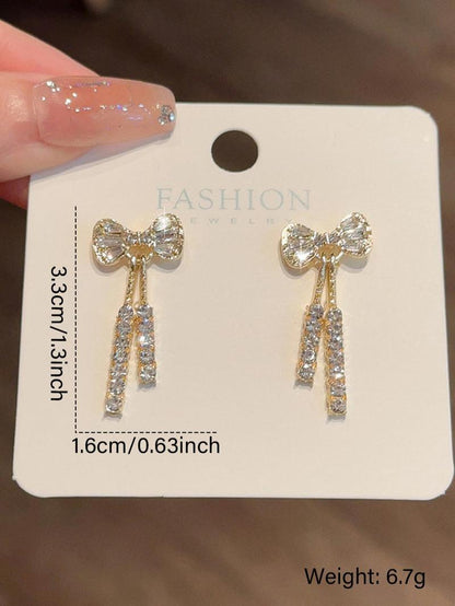 Bow Decor Dangle Earrings, Elegant Rhinestone Decor Drop Earrings for Women, Fashion Jewelry for Party, Daily Birthday Gift