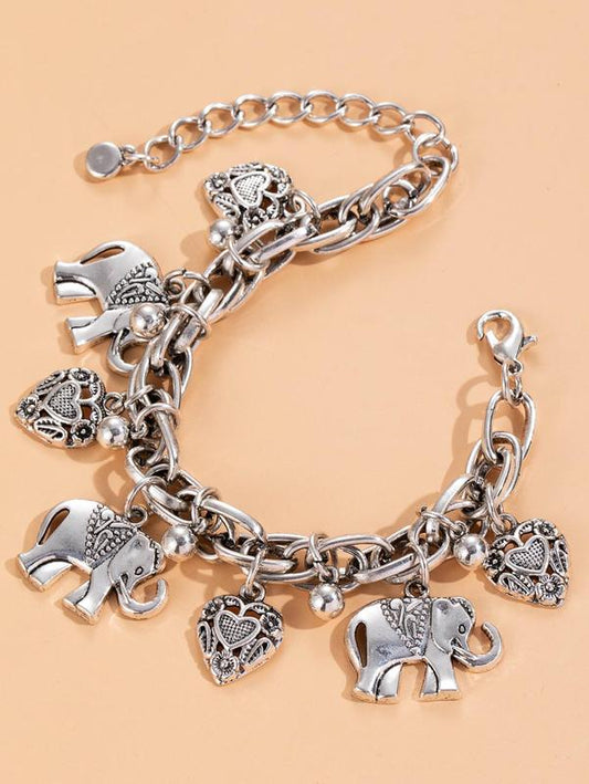 Women's Elephants & Hearts Design Charm Anklet, Fashionable Boho Style Animal Charm Decor Anklet, Casual Alloy Ankle Vintage Jewelry for Beach Essentials, Cool Female Accessories