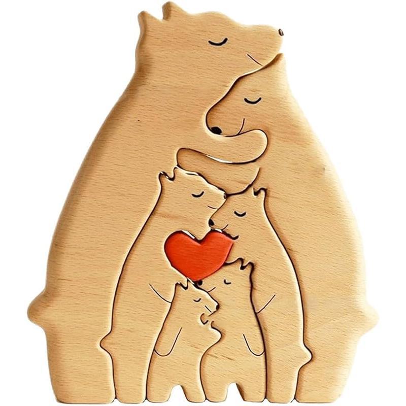 Personalised Wooden Figurines Animal Family Puzzle,Creative Wooden Bear Love Sculptures Ornament for Home Desk Decoration