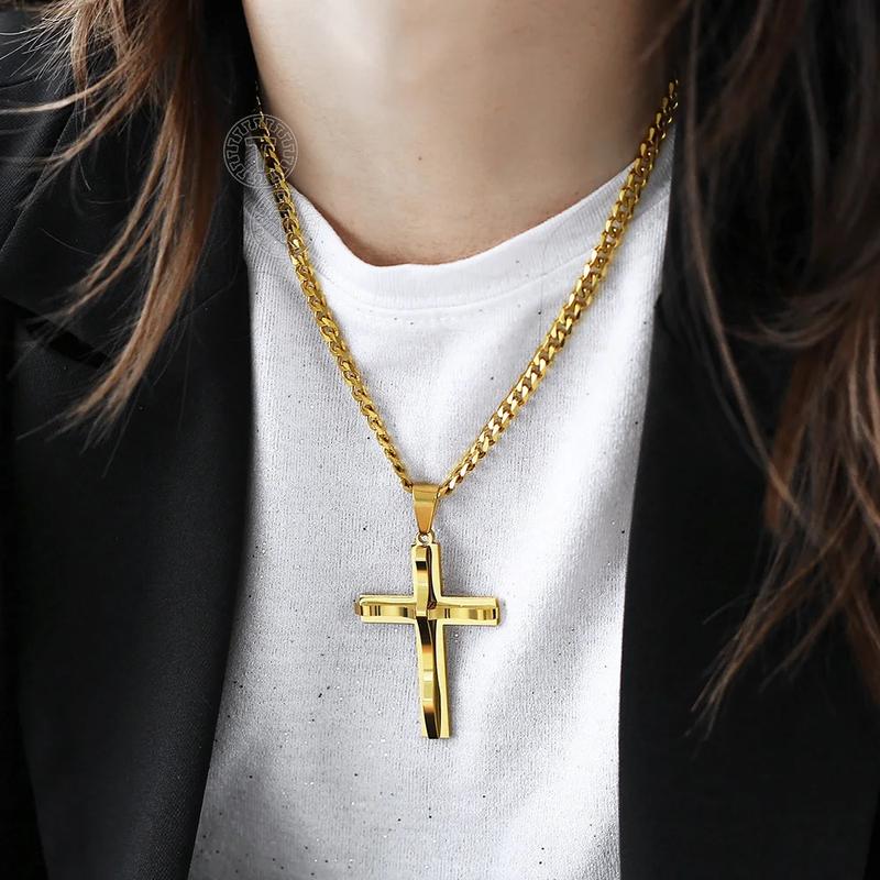 Cross Pendant Necklace for Men Women Stainless Steel Curb Cuban Link Chain Black Gold Color Silver Color Gift Jewelry