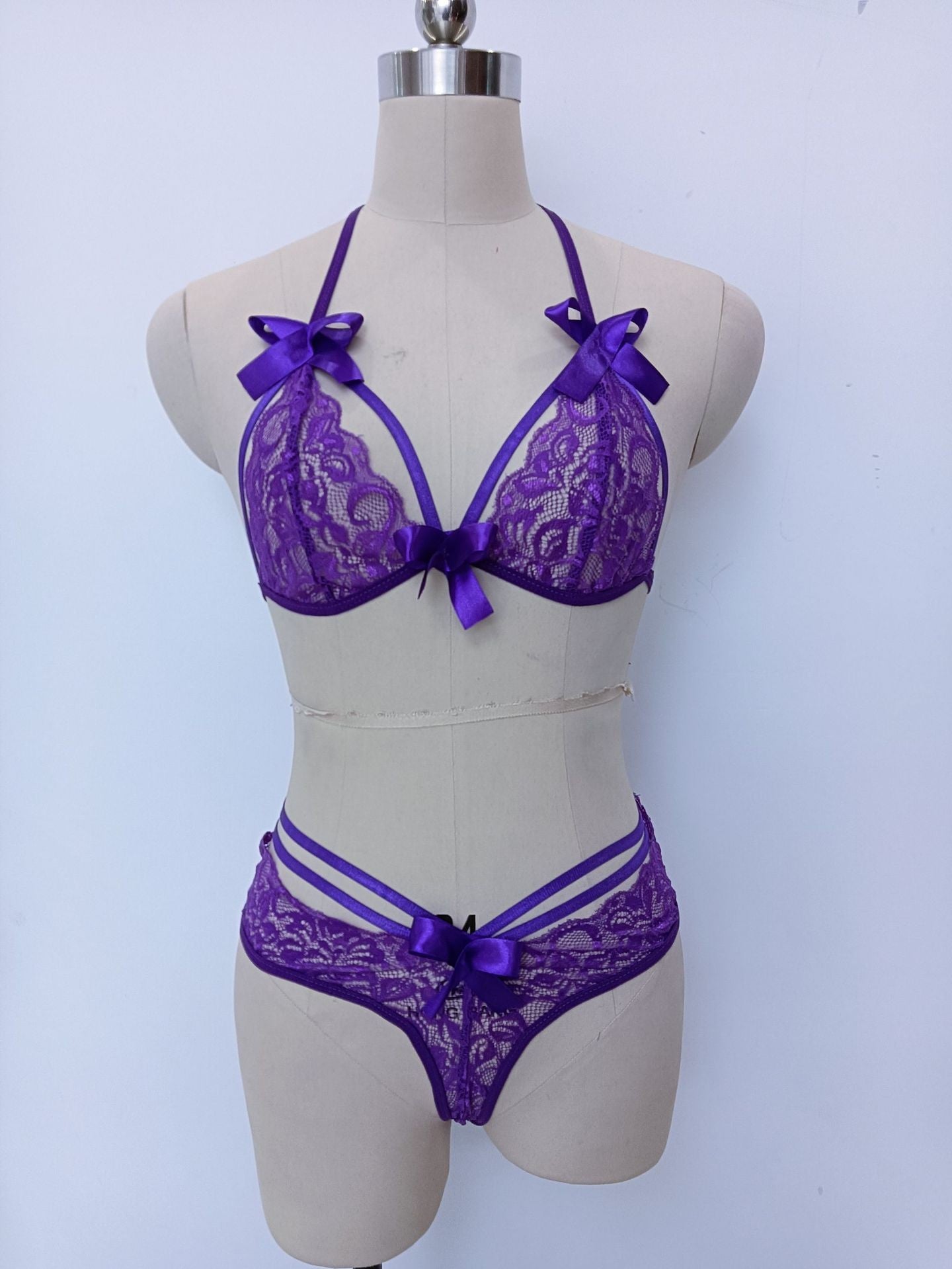 Sexy Bow Lace Trim Bikini Set for Women - 3 Piece Lingerie with Floral Edging, Perfect for Couples, Valentine's Day Gift