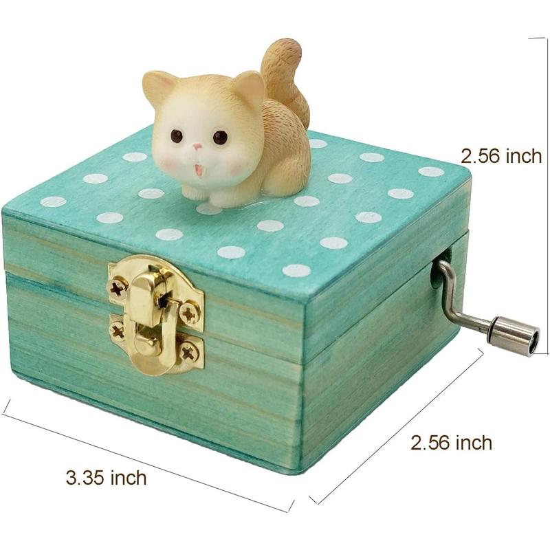 Gift Wrapped Mini Wooden Hand Crank Music Box with Lovely Cat (Tune: Castle in The Sky) (Brownish Yellow)