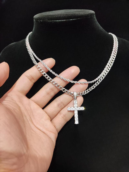 2024 Hip Hop Twist Chain Necklace & Rhinestone Cross Pendant Necklace, Birthday Gift for Bestie, Stainless Steel Matching Necklace Jewelry, Back To School Accessories, Fall Outfits, Fall Freshness Streetwear Mascs