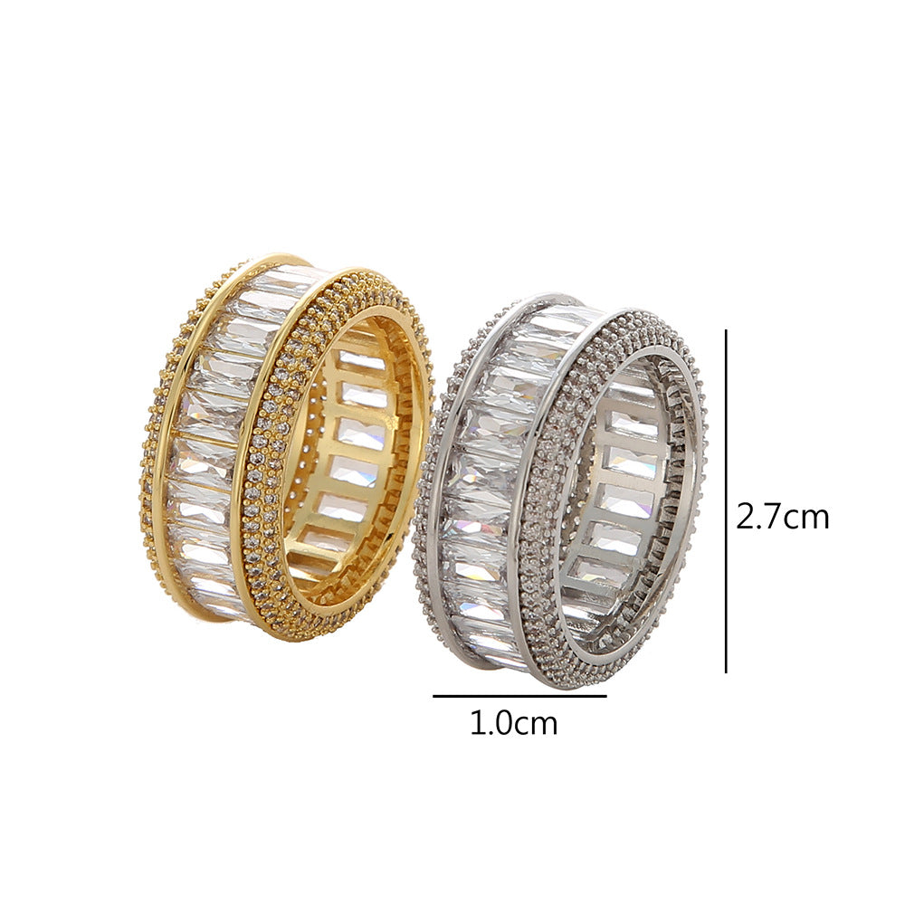 Hip-Hop European and American Micro Paved Square Zirconia Ring for Men