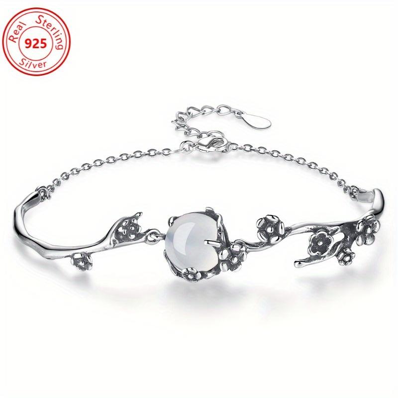 6g/0.212oz S925 Silvery Moon Shadow Cold Plum Bracelet - Fashionable Antique Silver Plated with Elegant Moonlight White Holy Grail Accent, Personalized High Coolness Jewelry for Women