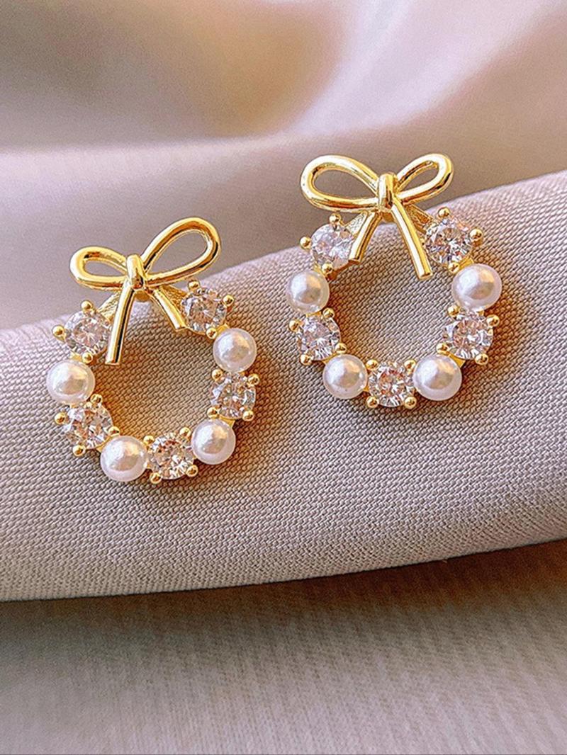 Faux Pearl & Rhinestone Decorated Bow Design Stud Earrings (1 Pair), Elegant Cute Jewelry for Party, Daily Clothing Decor for Girl, Trendy All-match & Exquisite Jewelry for Birthday Gift