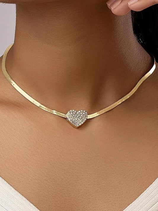 Women's Elegant Rhinestone Decorated Heart Design Pendant Necklace, Exquisite Trendy Pendant Necklace, Chic Jewelry for Party & Daily Clothing Decor