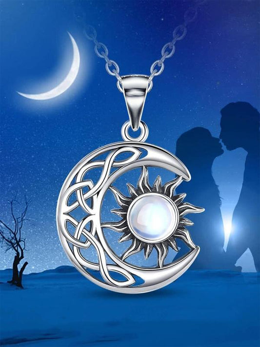 Women's Hollow Out Moon & Sun Design Pendant Necklace, Inlaid Artificial Gemstone, Elegant Necklace for Party, Daily Decor For, Exquisite Jewelry for Gift