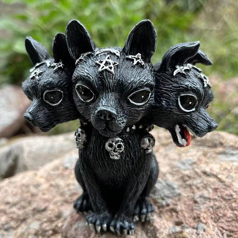 Black Unicorn Messenger Flying Dragon Three-Head Dog Statue Resin Halloween Decoration Ornaments Crafts