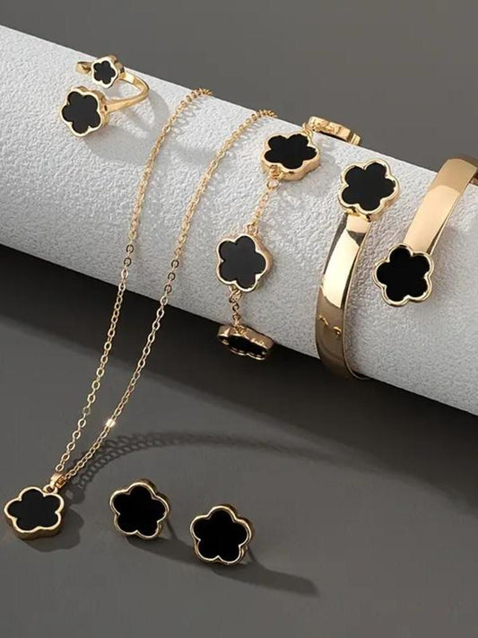 Lucky Flower Design Jewelry Set, Fashion Necklace & Ring & Bracelet & Earrings, Casual Jewelry Set for Women, Trendy All-match & Exquisite Jewelry Set for Gift