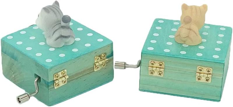 Gift Wrapped Mini Wooden Hand Crank Music Box with Lovely Cat (Tune: Castle in The Sky) (Brownish Yellow)