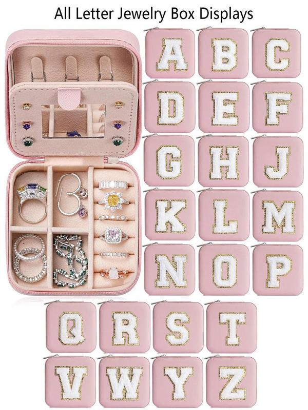 Portable Jewelry Box with Mirror for Gift, Summer Stylish Sequin Decorated Letter Pattern Jewelry Organizer Waterproof Velvet