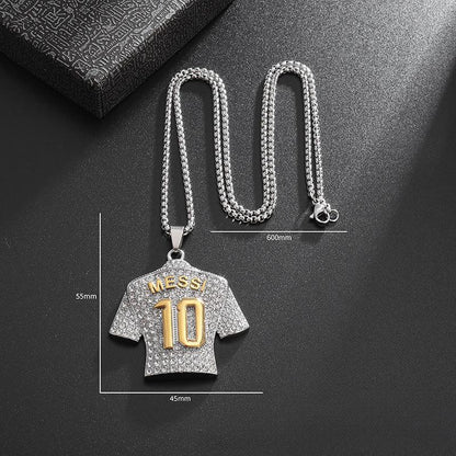 Titanium Steel Iced-Out Messi #10 Jersey Pendant Necklace – Gold & Silver Plated Football-Inspired Hip Hop Jewelry for Men