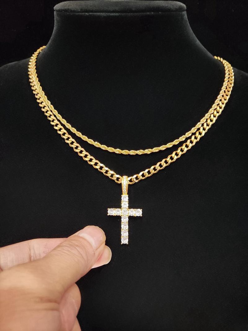 2024 Hip Hop Twist Chain Necklace & Rhinestone Cross Pendant Necklace, Birthday Gift for Bestie, Stainless Steel Matching Necklace Jewelry, Back To School Accessories, Fall Outfits, Fall Freshness Streetwear Mascs