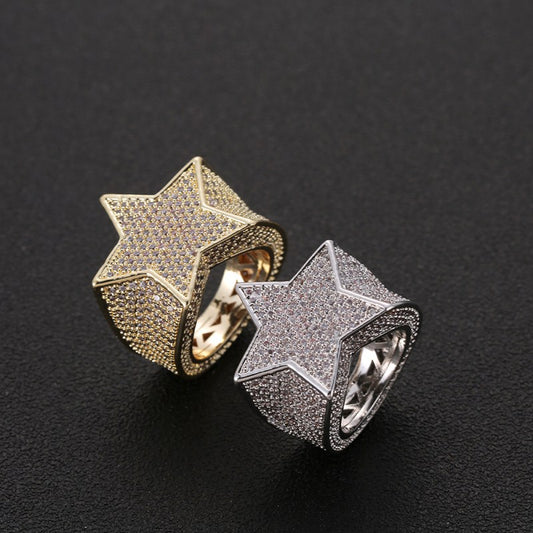 Full Diamond Micro Inlaid Zircon Pentagram Ring Men's Ornament