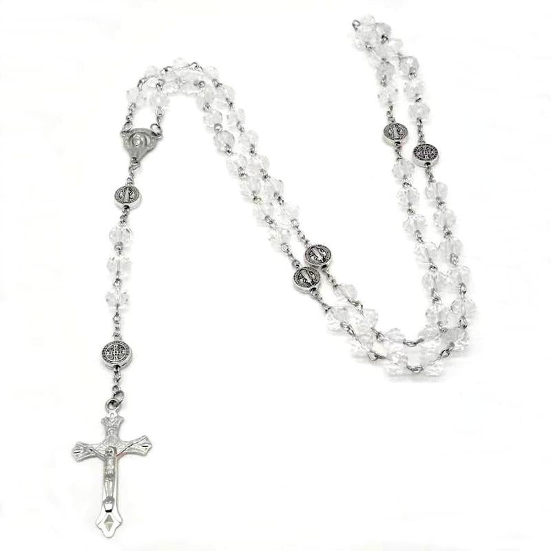 Crystal Bead Catholic Rosary Necklace Cross Pendant Choker Religious Necklaces Long Chain Prayer Charm Jewelry Gift