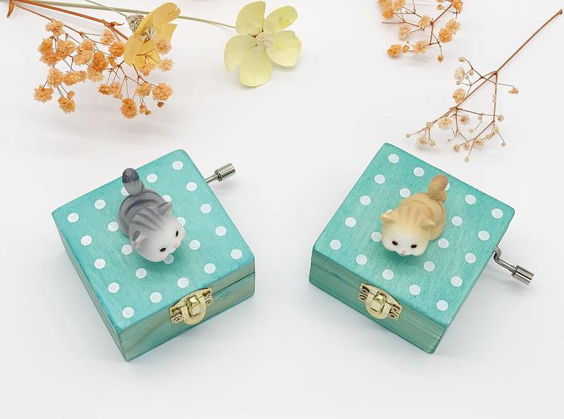 Gift Wrapped Mini Wooden Hand Crank Music Box with Lovely Cat (Tune: Castle in The Sky) (Brownish Yellow)