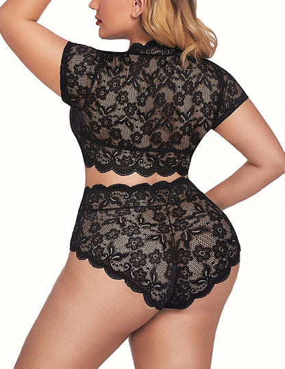 New Arrival Plus Size Sexy Lace Nightwear Set - Ruffle Wave Design, Perfect for a Romantic Night at Home