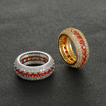 Hip-Hop Ring Micro-Inlaid Personality Red Five-Row Full Zircon Men's Ring Accessory